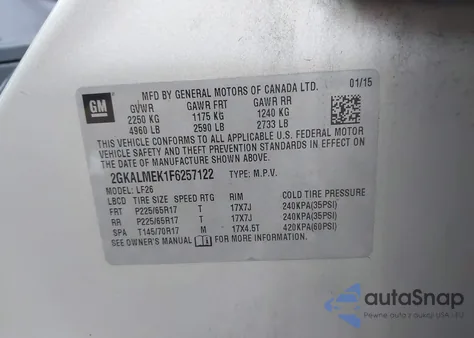 2015 GMC Terrain Sle-1 из США, поврежденный, VIN 2GKALMEK1F6257122